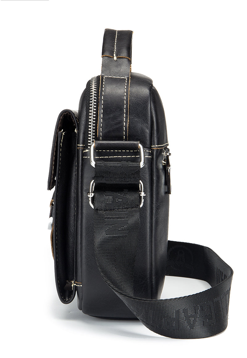 Men Soft Leather Zipper Small Shoulder Messenger Business Vintage Bag Black