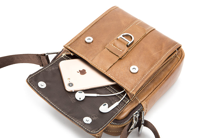Men Soft Leather Zipper Small Shoulder Messenger Business Vintage Bag Brown