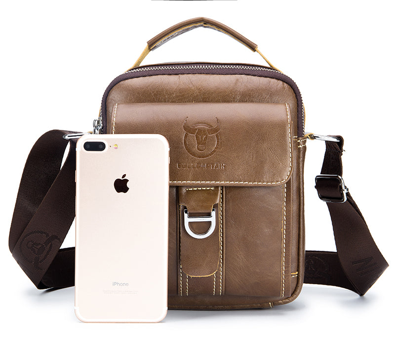 Men Soft Leather Zipper Small Shoulder Messenger Business Vintage Bag Coffee