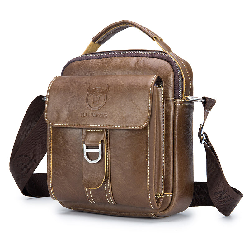Men Soft Leather Zipper Small Shoulder Messenger Business Vintage Bag Coffee