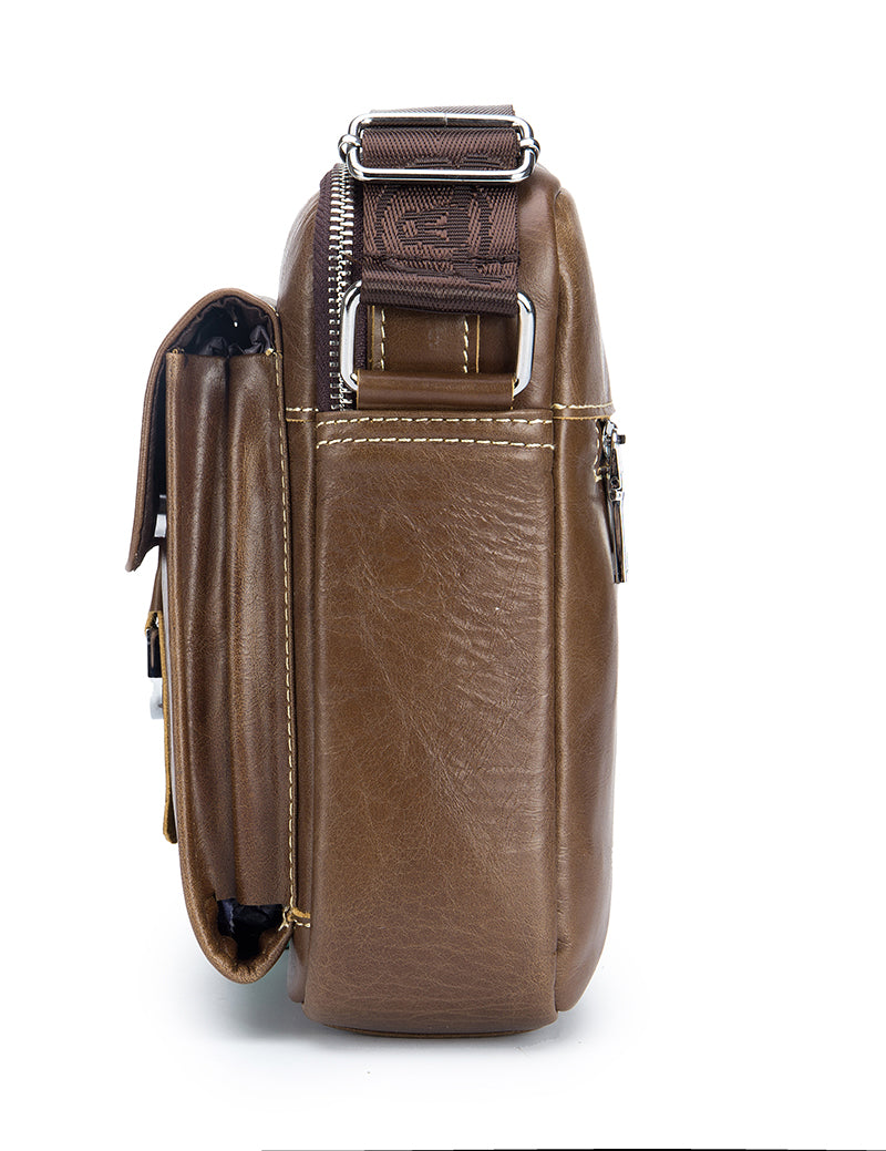 Men Soft Leather Zipper Small Shoulder Messenger Business Vintage Bag Coffee