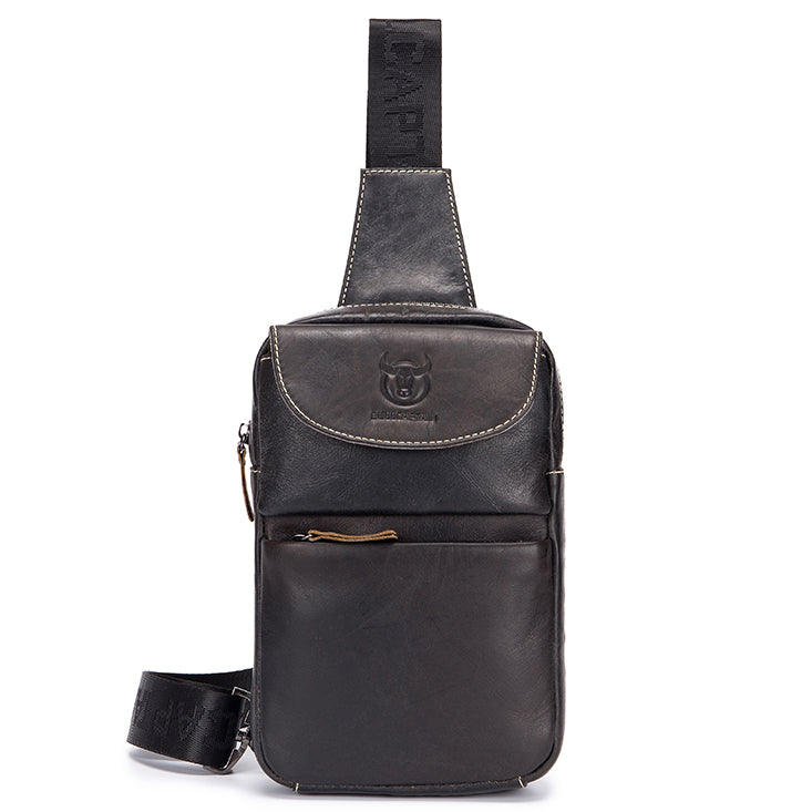 Men Vintage Genuine Leather Sling Chest Bag Crossbody Chest Daypack Black