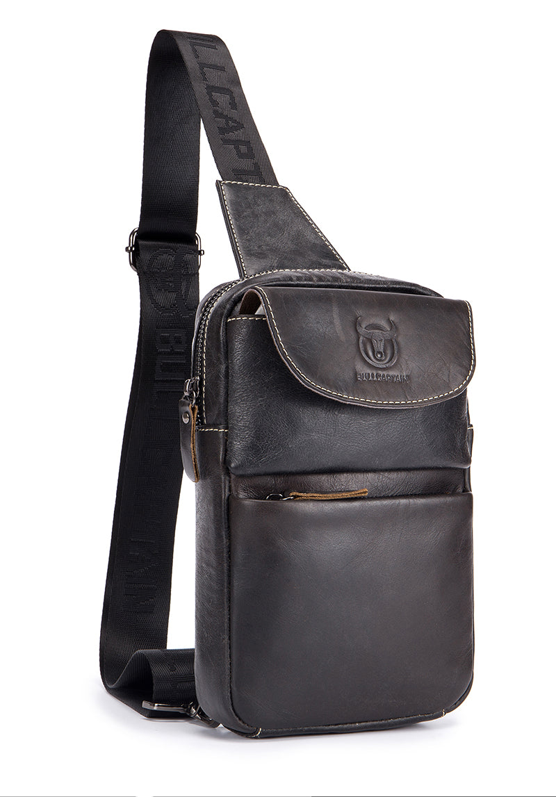 Men Vintage Genuine Leather Sling Chest Bag Crossbody Chest Daypack Black