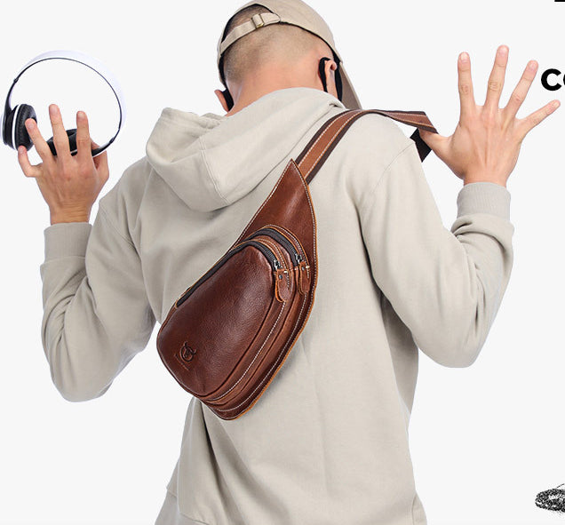 Men Vintage Leather Crossbody Bag Sling Chest Shoulder Daypack Bag Brown