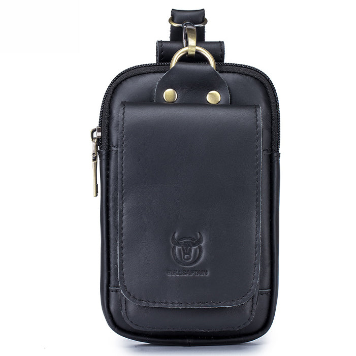 Men Vintage Leather Small Belt Bag Cell Phone Purse Waist Bag Black