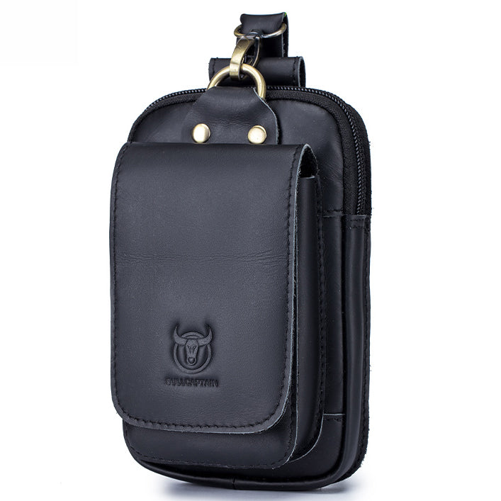 Men Vintage Leather Small Belt Bag Cell Phone Purse Waist Bag Black