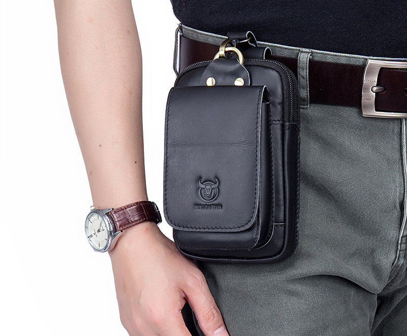 Men Vintage Leather Small Belt Bag Cell Phone Purse Waist Bag Black