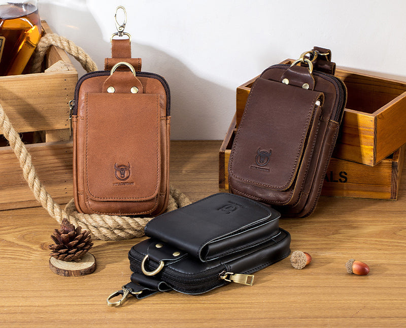 Men Vintage Leather Small Belt Bag Cell Phone Purse Waist Bag Black Coffee Brown