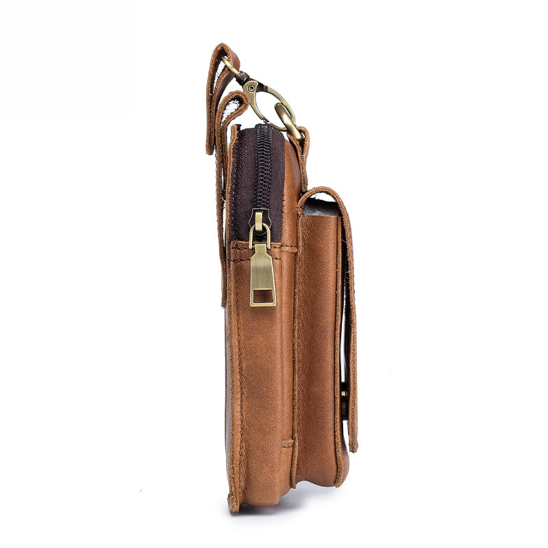 Men Vintage Leather Small Belt Bag Cell Phone Purse Waist Bag Brown