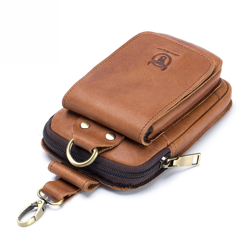 Men Vintage Leather Small Belt Bag Cell Phone Purse Waist Bag Brown
