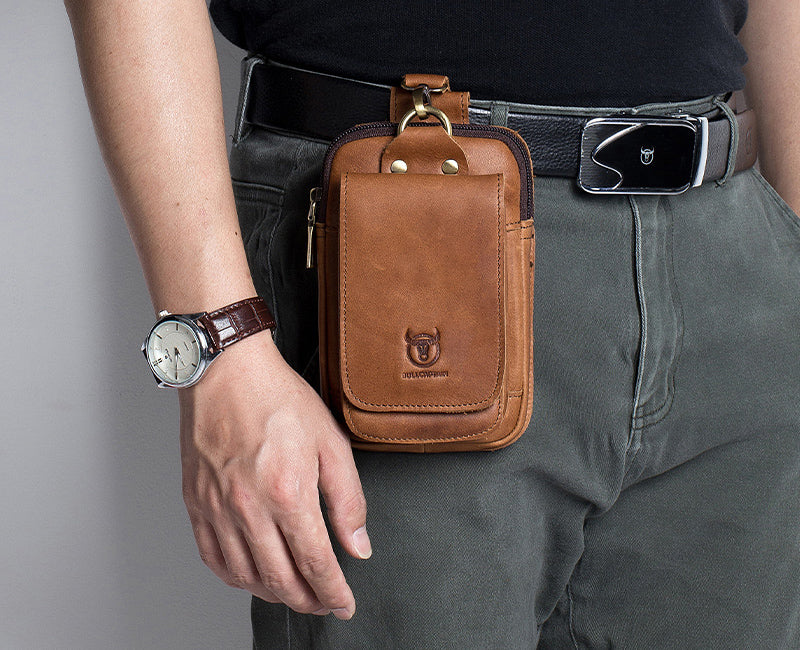 Men Vintage Leather Small Belt Bag Cell Phone Purse Waist Bag Brown