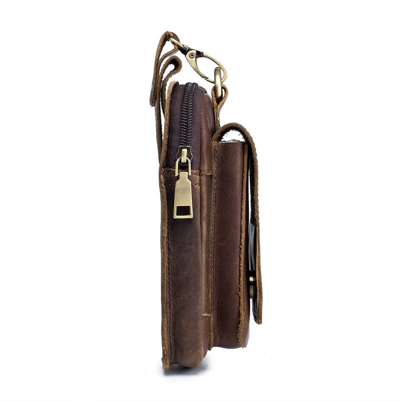 Men Vintage Leather Small Belt Bag Cell Phone Purse Waist Bag Coffee