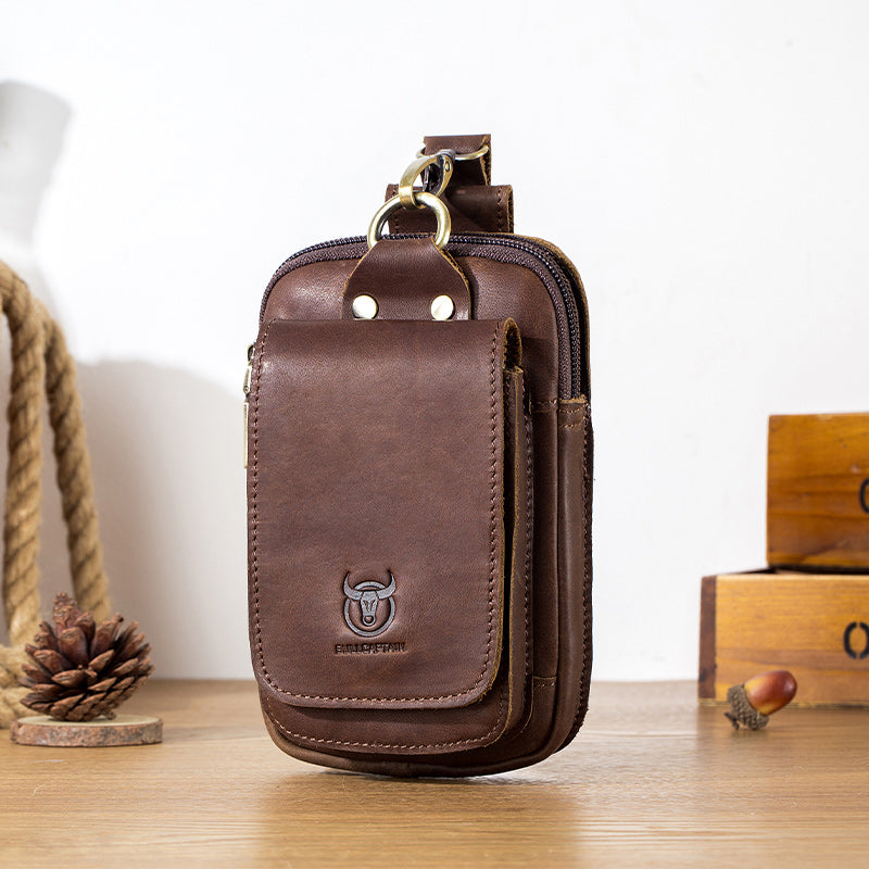 Men Vintage Leather Small Belt Bag Cell Phone Purse Waist Bag Coffee
