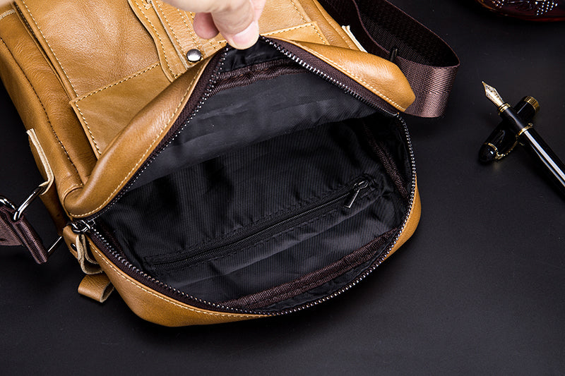Men Vintage Leather Small Messenger Bag Business Travel Shoulder Bag Brown