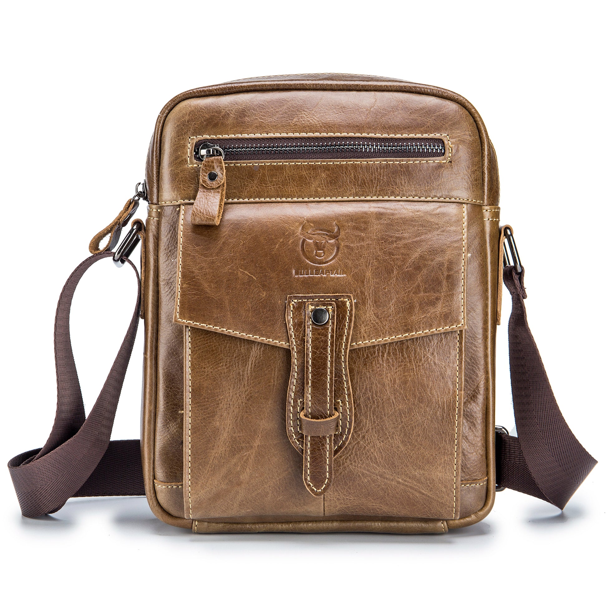 Men Vintage Leather Small Messenger Bag Business Travel Shoulder Bag  Chestnut