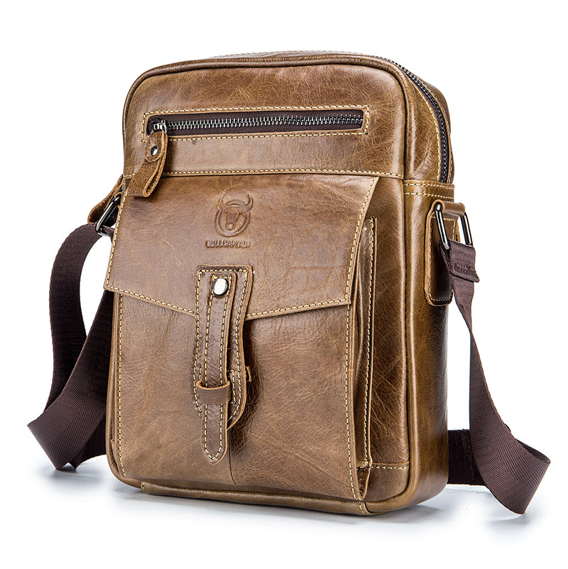 Men Vintage Leather Small Messenger Bag Business Travel Shoulder Bag Chestnut