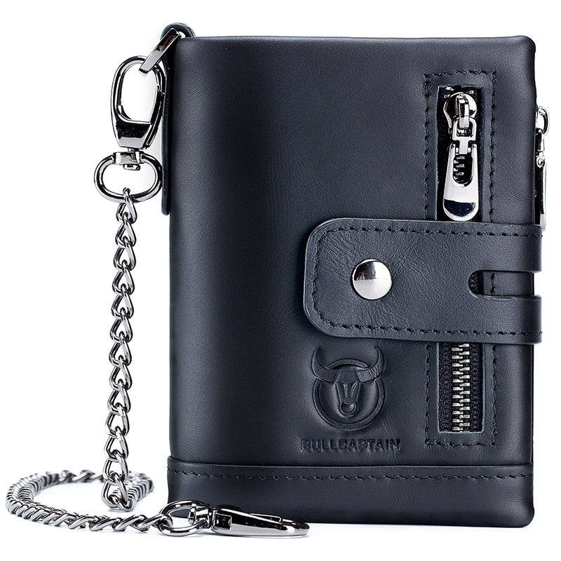 Men Wallet Genuine Leather Bifold Wallets With Anti-theft Chain Black