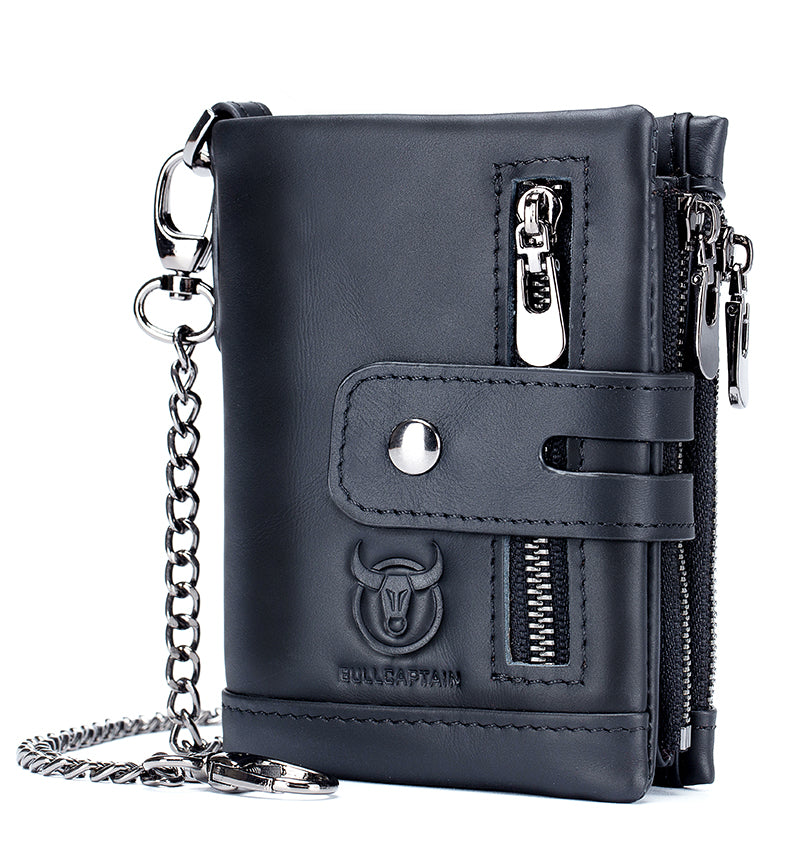 Men Wallet Genuine Leather Bifold Wallets With Anti-theft Chain Black