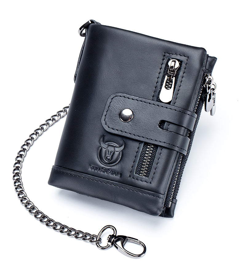 Men Wallet Genuine Leather Bifold Wallets With Anti-theft Chain Black