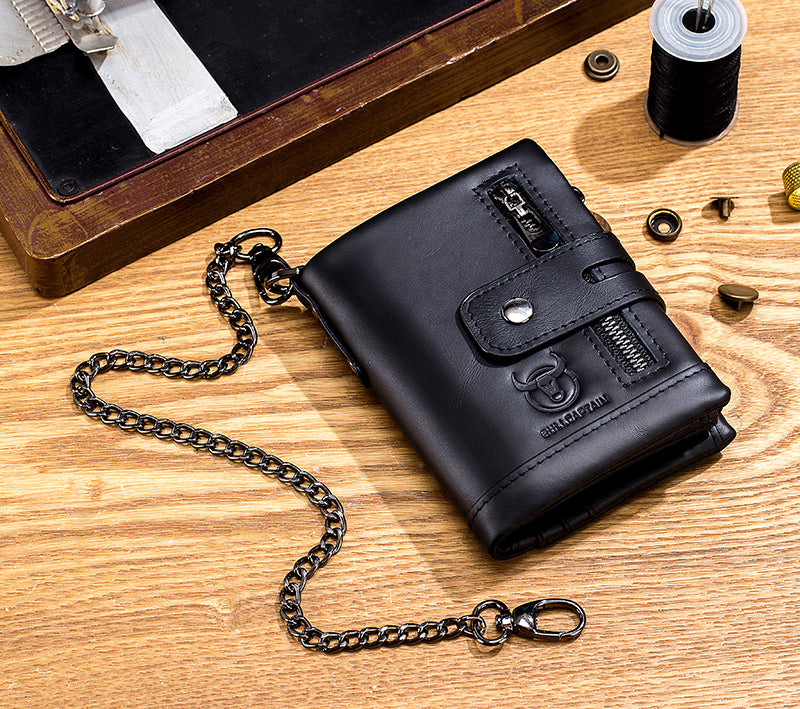 Men Wallet Genuine Leather Bifold Wallets With Anti-theft Chain Black