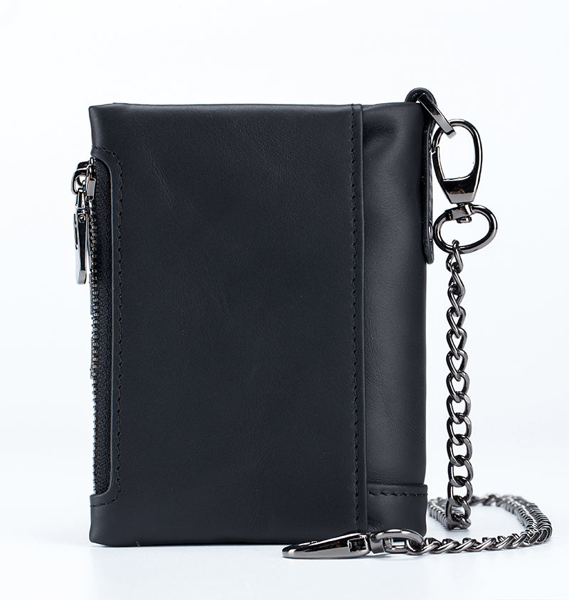 Men Wallet Genuine Leather Bifold Wallets With Anti-theft Chain Black