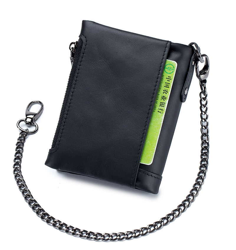 Men Wallet Genuine Leather Bifold Wallets With Anti-theft Chain Black
