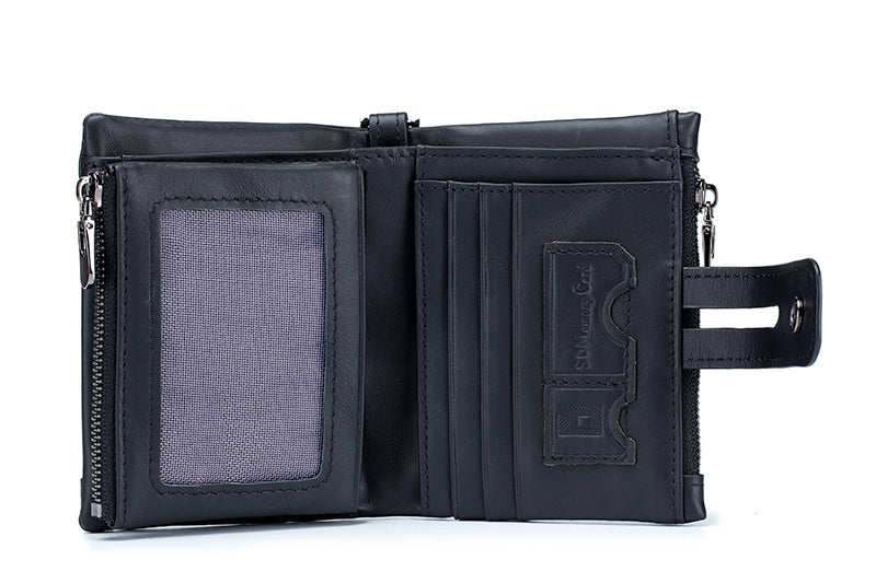 Men Wallet Genuine Leather Bifold Wallets With Anti-theft Chain Black