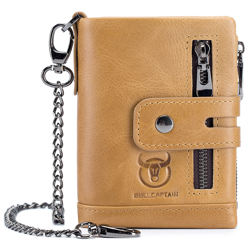 Men Wallet Genuine Leather Bifold Wallets With Anti-theft Chain Brown