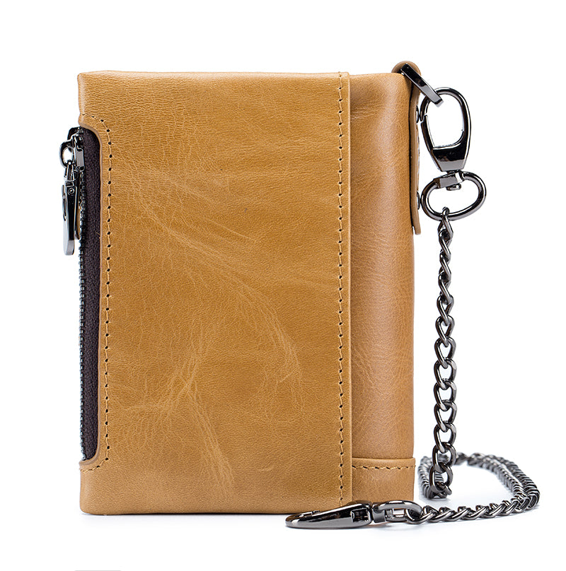 Men Wallet Genuine Leather Bifold Wallets With Anti-theft Chain Brown