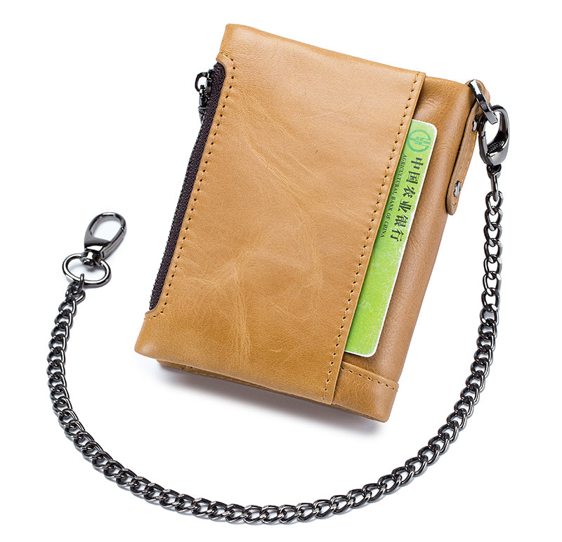 Men Wallet Genuine Leather Bifold Wallets With Anti-theft Chain Brown