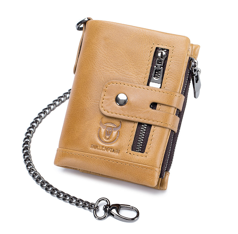 Men Wallet Genuine Leather Bifold Wallets With Anti-theft Chain Brown