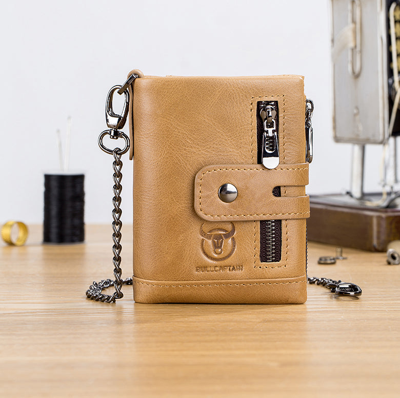 Men Wallet Genuine Leather Bifold Wallets With Anti-theft Chain Brown