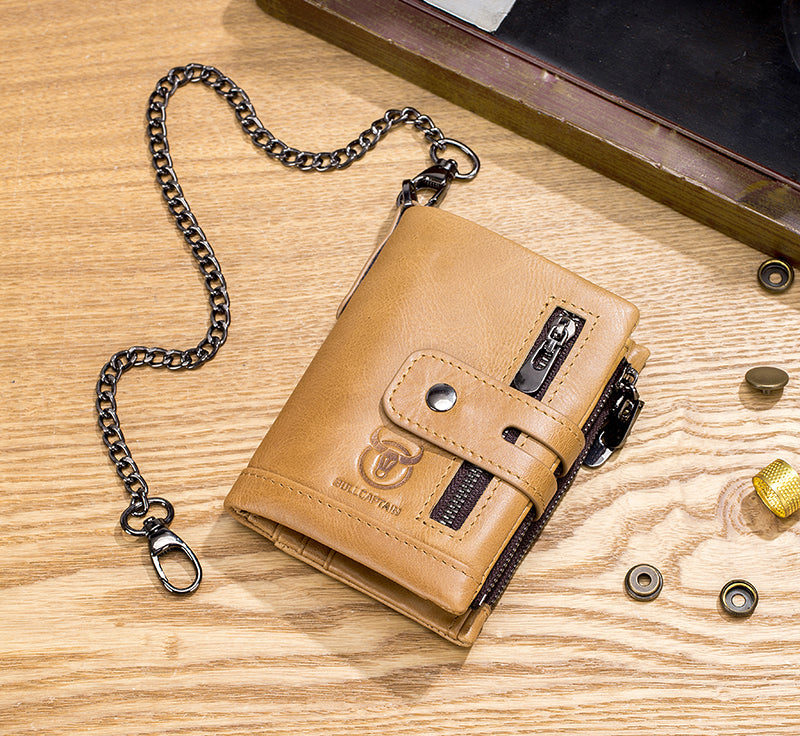 Men Wallet Genuine Leather Bifold Wallets With Anti-theft Chain Brown