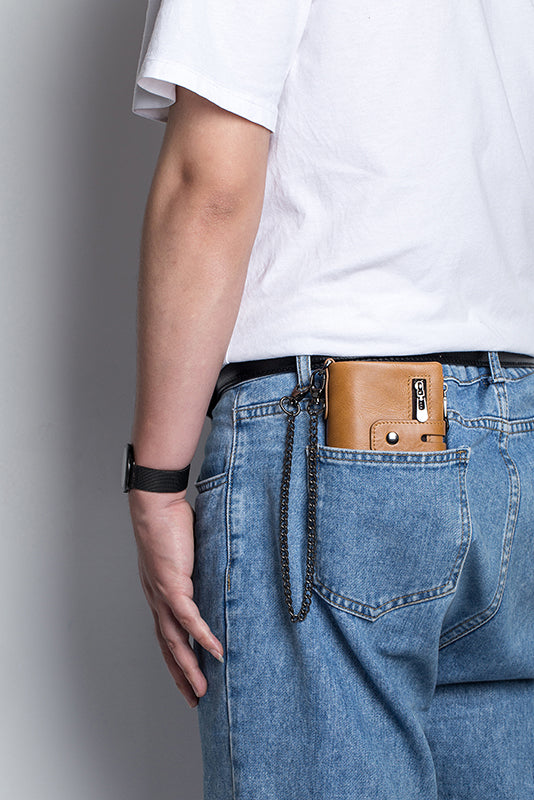 Men Wallet Genuine Leather Bifold Wallets With Anti-theft Chain Brown