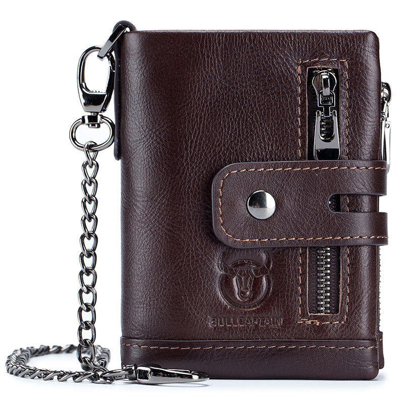 Men Wallet Genuine Leather Bifold Wallets With Anti-theft Chain Coffee