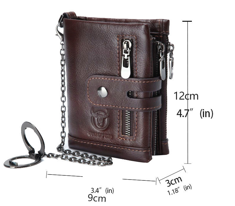 Men Wallet Genuine Leather Bifold Wallets With Anti-theft Chain Coffee