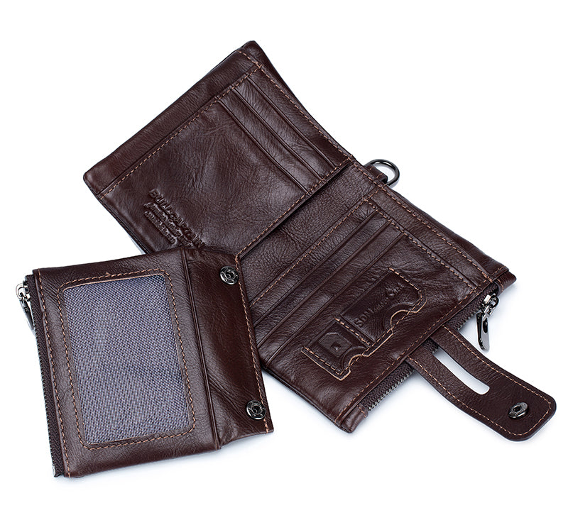 Men Wallet Genuine Leather Bifold Wallets With Anti-theft Chain Coffee