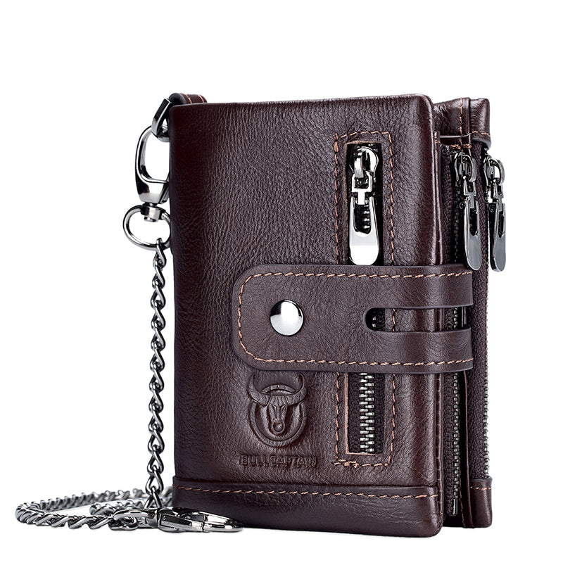 Men Wallet Genuine Leather Bifold Wallets With Anti-theft Chain Coffee
