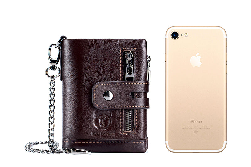 Men Wallet Genuine Leather Bifold Wallets With Anti-theft Chain Coffee