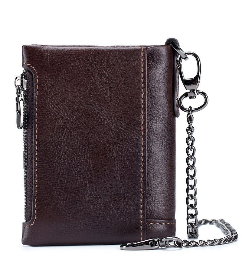 Men Wallet Genuine Leather Bifold Wallets With Anti-theft Chain Coffee