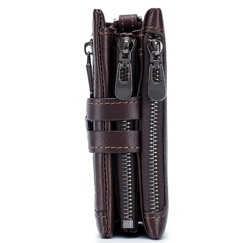 Men Wallet Genuine Leather Bifold Wallets With Anti-theft Chain Coffee