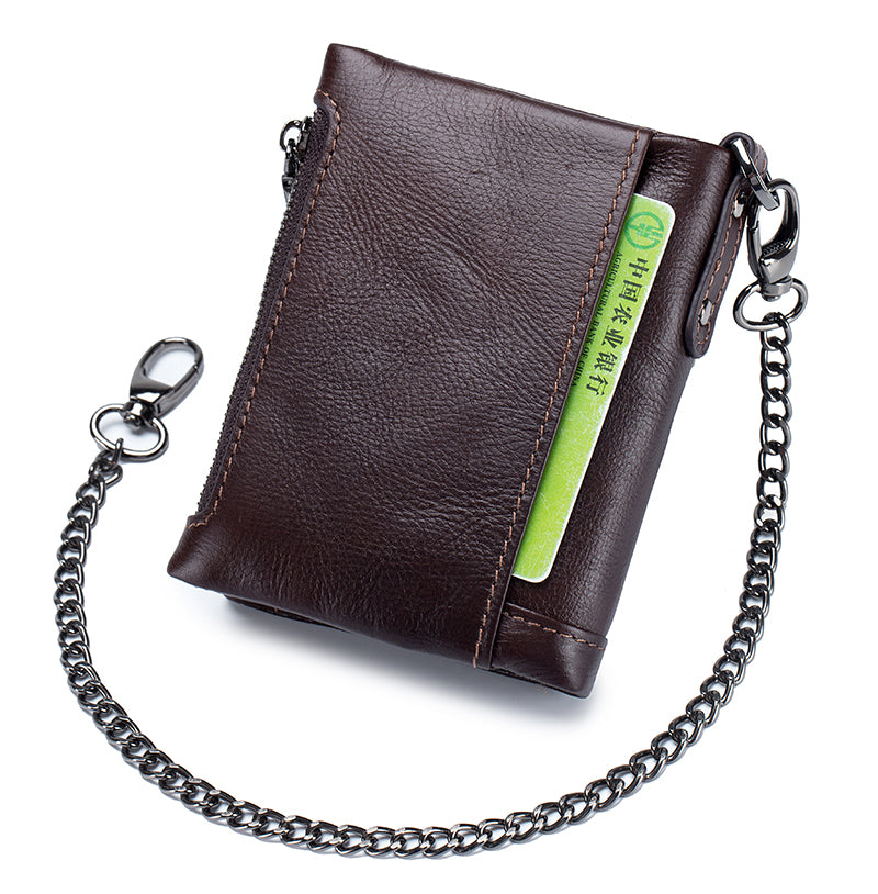 Men Wallet Genuine Leather Bifold Wallets With Anti-theft Chain Coffee