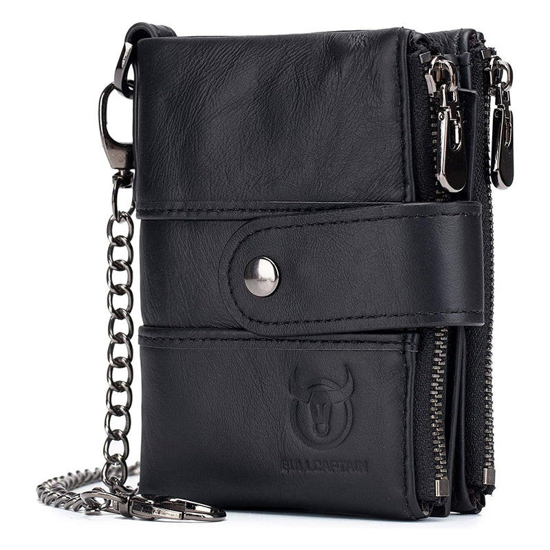 Men Wallet Genuine Leather RFID Blocking Wallets with Anti Theft Chain Black