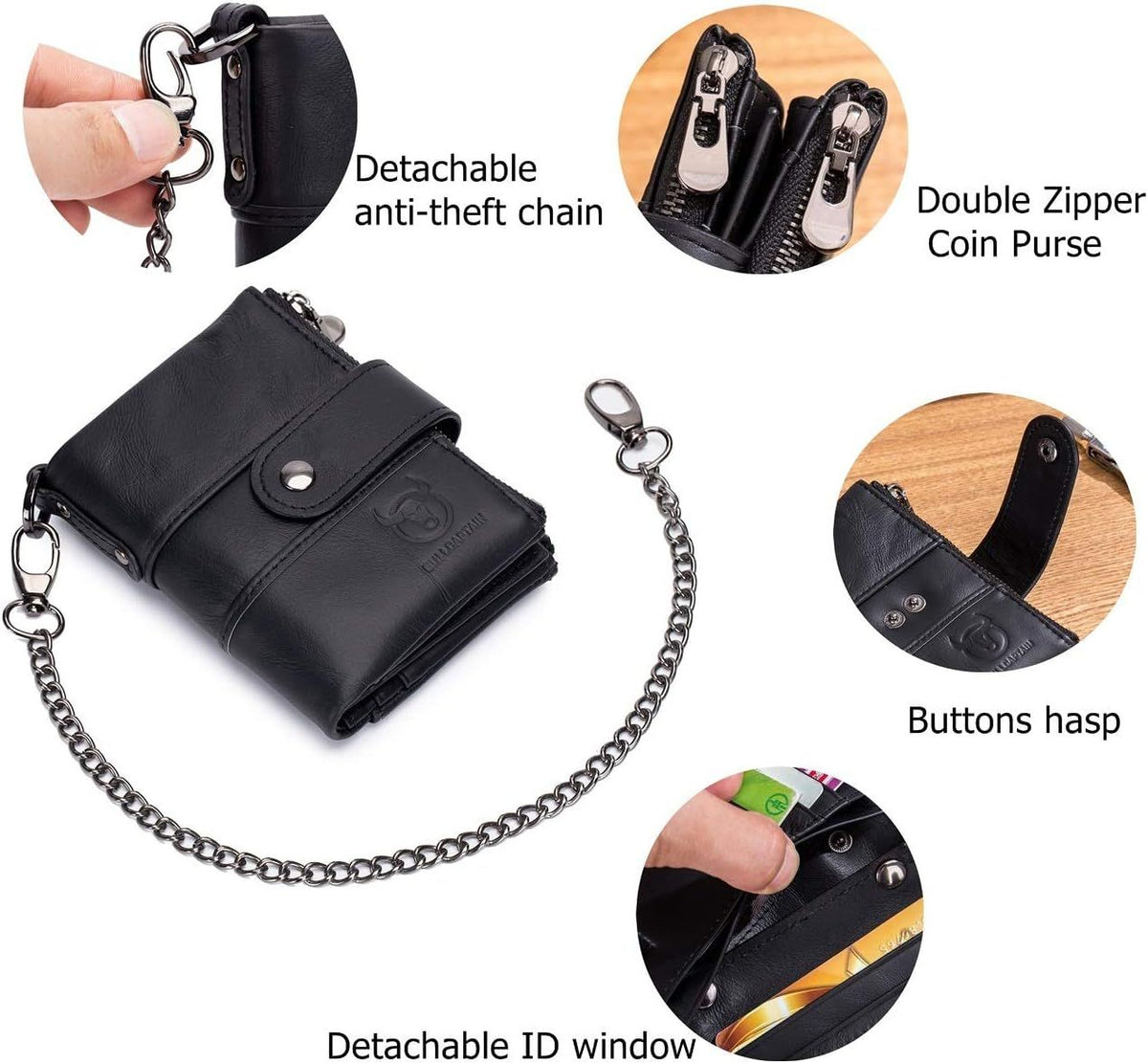Men Wallet Genuine Leather RFID Blocking Wallets with Anti Theft Chain Black