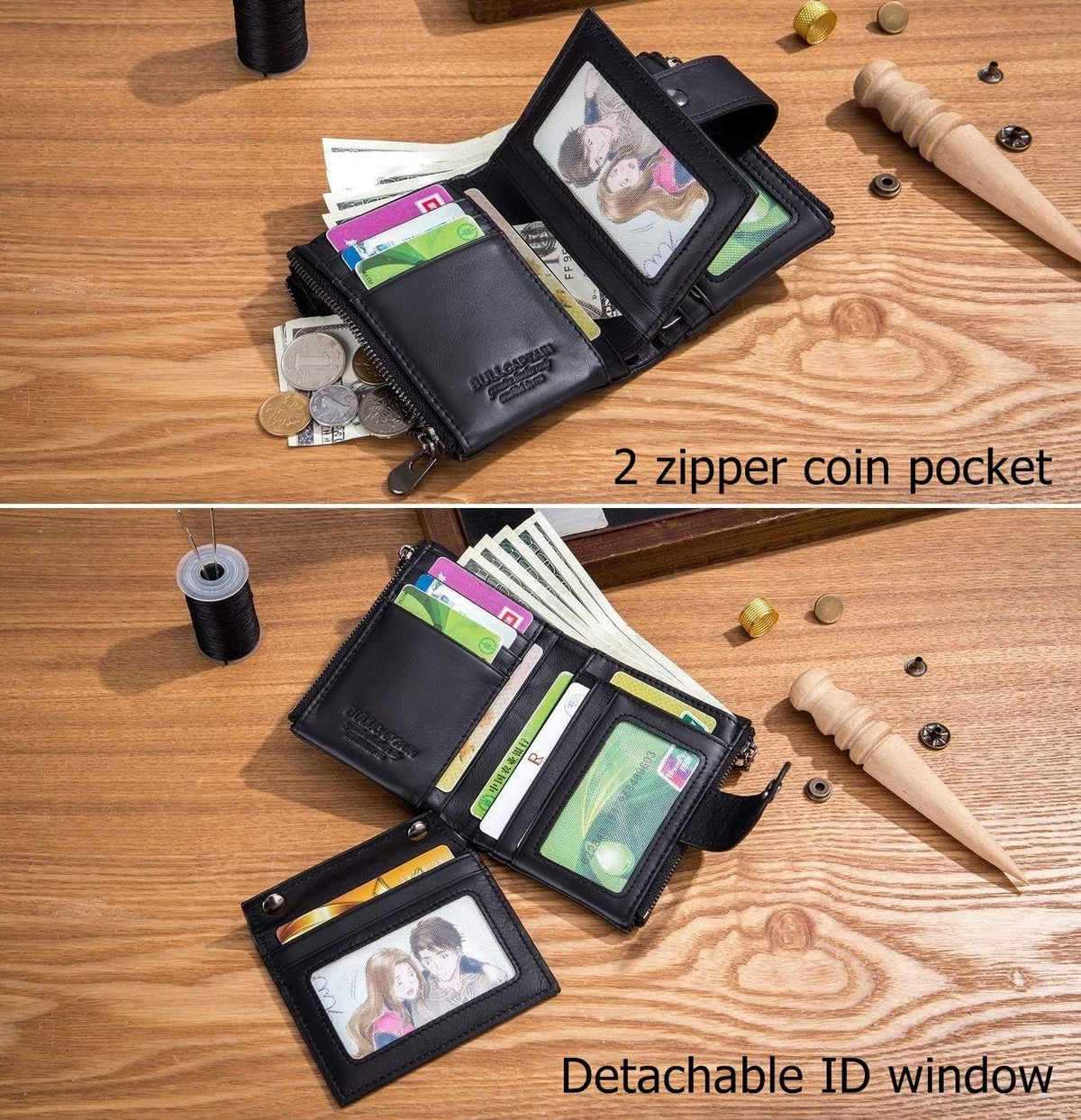 Men Wallet Genuine Leather RFID Blocking Wallets with Anti Theft Chain Black