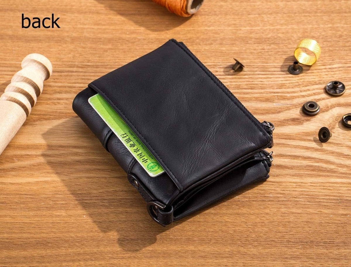 Men Wallet Genuine Leather RFID Blocking Wallets with Anti Theft Chain Black