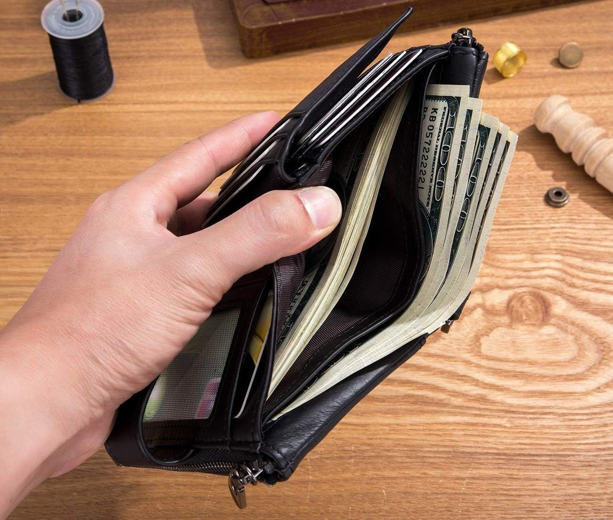 Men Wallet Genuine Leather RFID Blocking Wallets with Anti Theft Chain Black