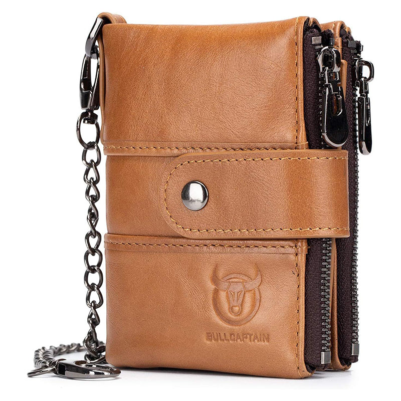 Men Wallet Genuine Leather RFID Blocking Wallets with Anti Theft Chain Brown