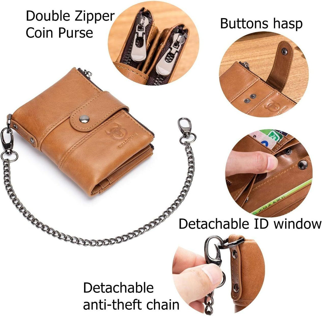 Men Wallet Genuine Leather RFID Blocking Wallets with Anti Theft Chain Brown