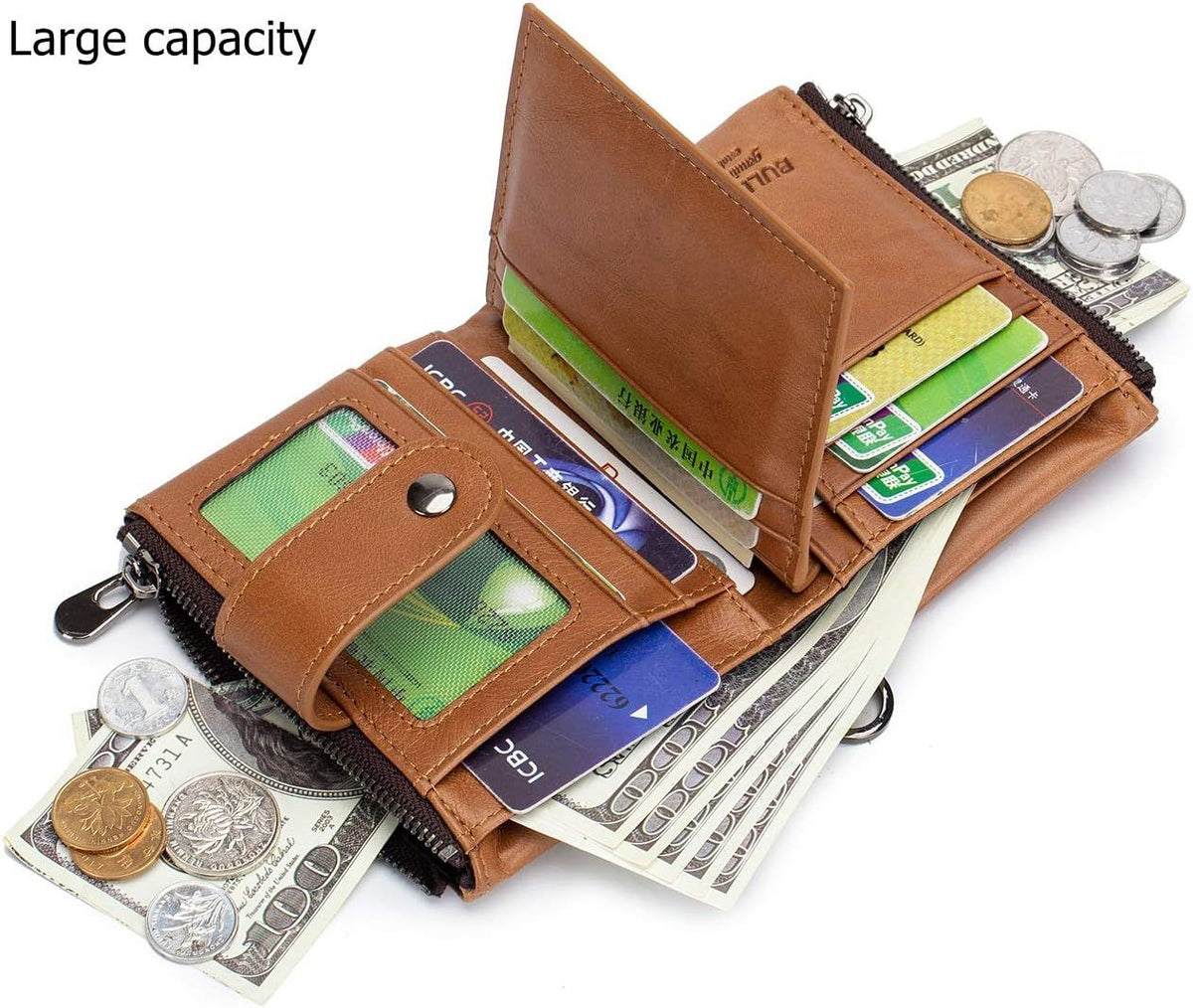 Men Wallet Genuine Leather RFID Blocking Wallets with Anti Theft Chain Brown